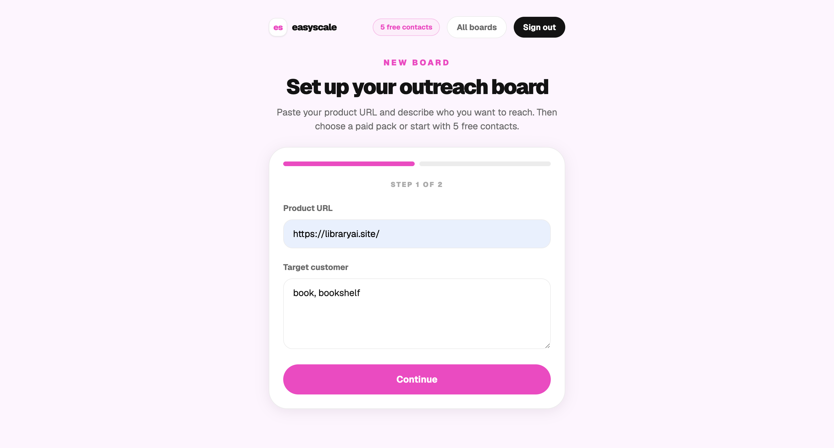 Onboarding step with product URL and target customer fields before board generation