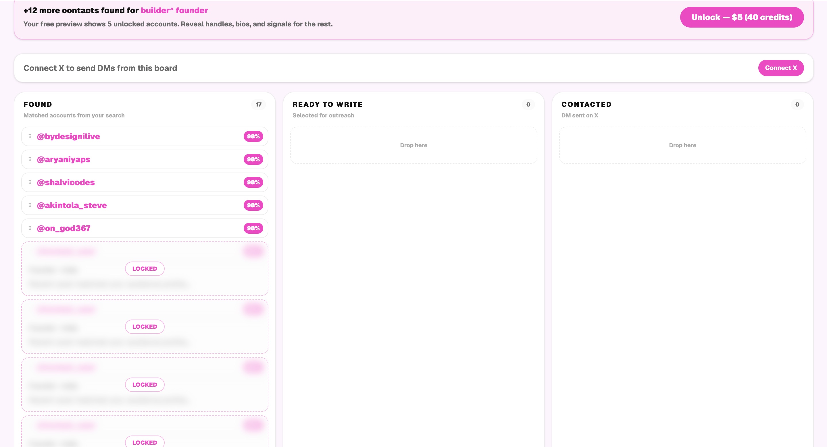 Outreach board with Found, Ready to write, and Contacted columns plus DM tools